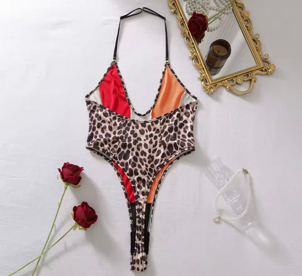 Women Sexy Color Patchwork Leopard Thong Bodysuit Lingerie