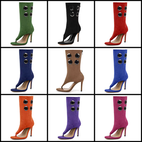Women Fashion Suede Open Toe Metal Ring High Heel Ankle Boots