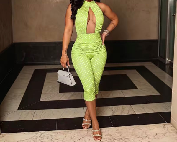 Women Halter Open Back Sexy Sleeveless Polka Dot Jumpsuit