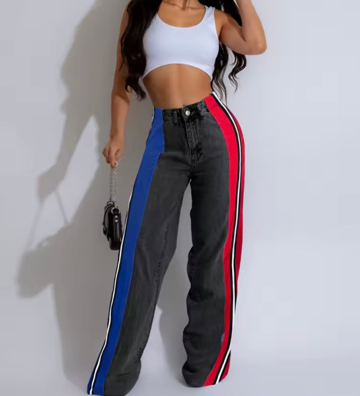 Women Fashion Color Patchwork Striped Denim Pants