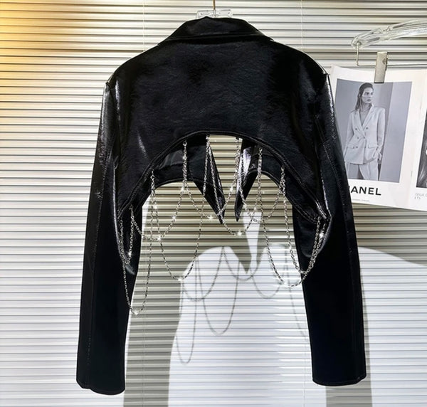 Women Black Fashion Chain Faux Leather Crop Jacket
