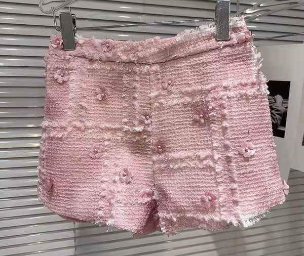 Women Sleeveless Button Up Pink Tweed Two Piece Short Set