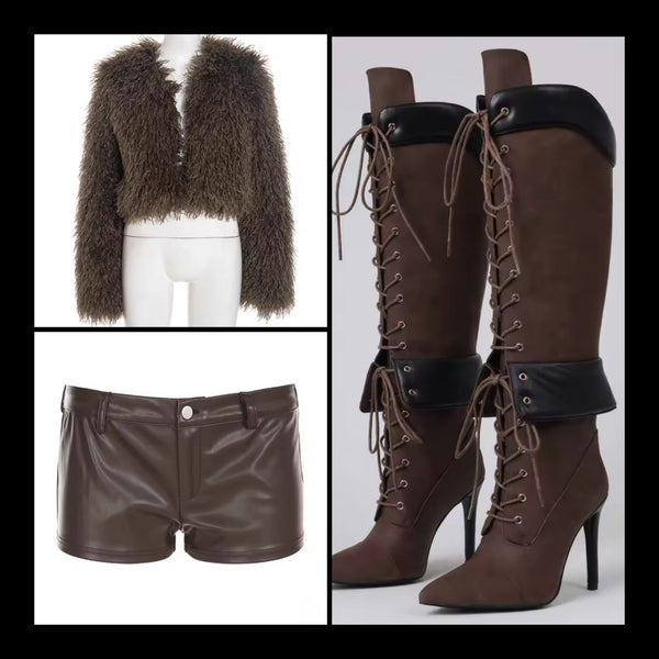 Women Brown Fashion Faux Fur Jacket Two Piece PU Short Set