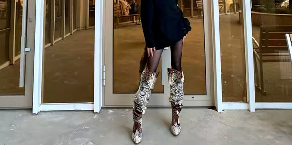 Women Fashion Animal Print Ruched Knee High Western Boots