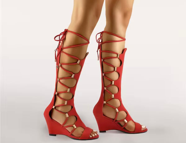 Women Fashion Suede Gladiator Lace Up Wedge Sandals