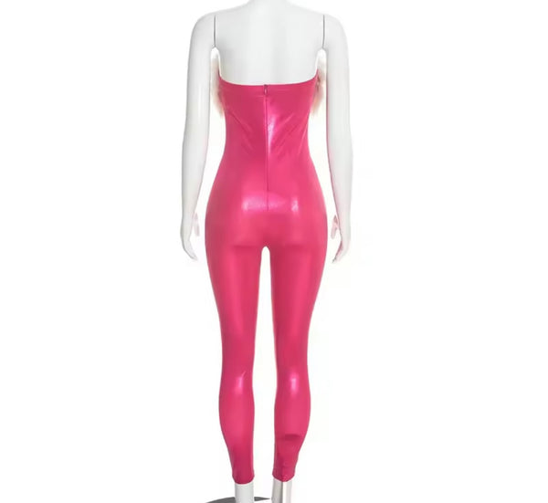 Women Sexy Fur Strapless PU Jumpsuit