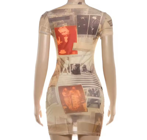 Women Sexy Printed Short Sleeve Mesh Dress