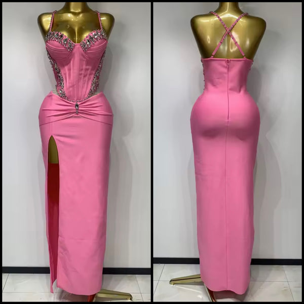 Women Pink Rhinestone Sexy Sleeveless Maxi Dress