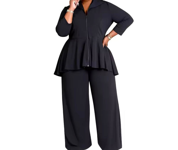 Women Color Ruffled Zip Up Full Sleeve Two Piece Plus Size Pant Set