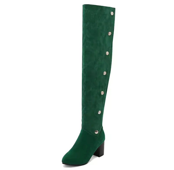 Women Color Suede Button Fashion Over The Knee Boots