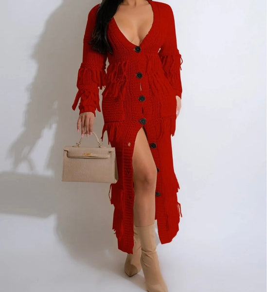 Women Sexy Button Up Full Sleeve Fringe Maxi Dress