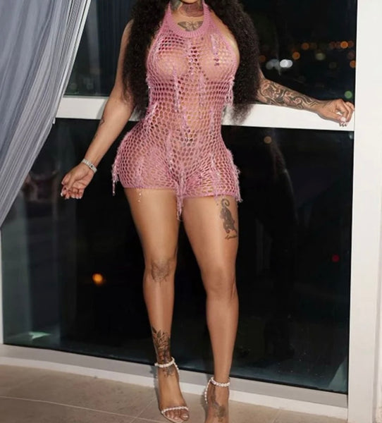 Women Sexy See Through Halter Open Back Romper