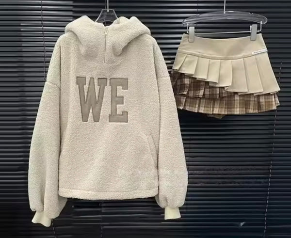 Women Letter Print Hooded Sweater Two Piece Plaid Pleated Skirt Set