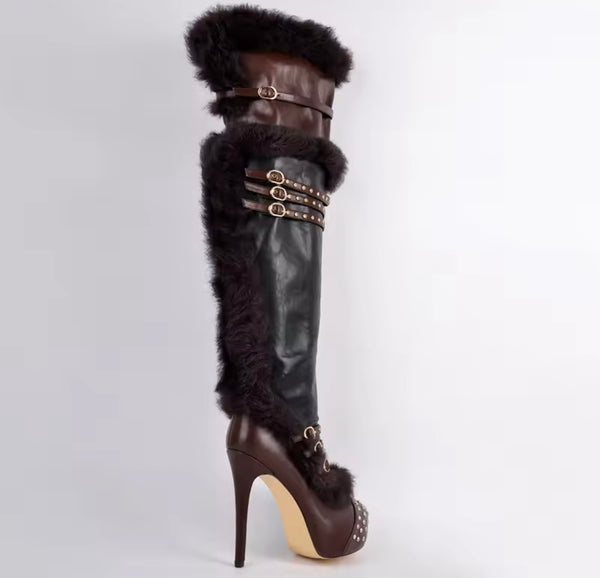 Women Fashion Fur Rivet Buckled Color Patchwork Knee High Boots