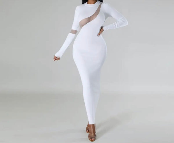 Women Sexy Mesh Patchwork Solid Color Full Sleeve Maxi Dress