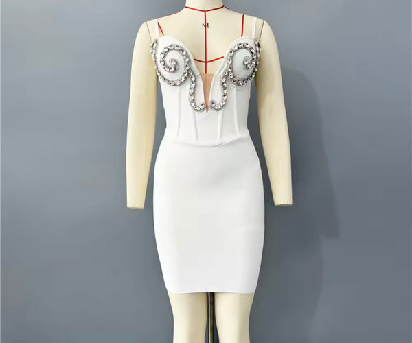 Women White Sexy Sleeveless Rhinestone Bandage Dress