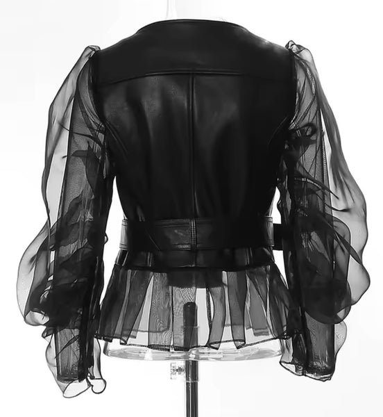 Women Fashion Black Mesh Faux Leather Buckled Jacket