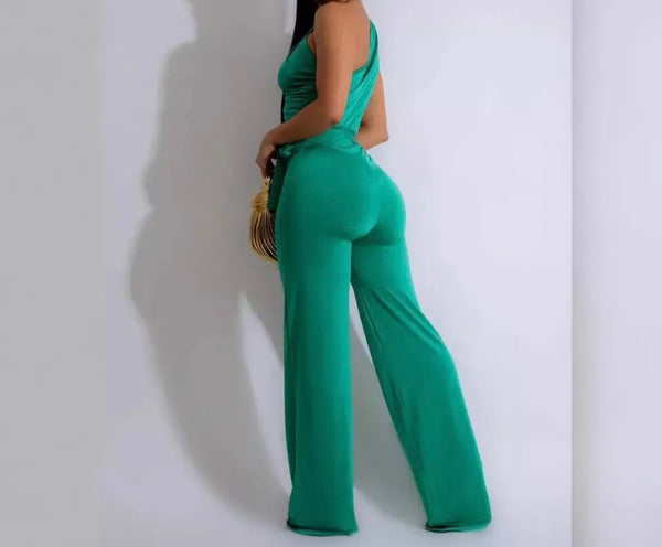 Women Green Sexy One Shoulder Sleeveless Jumpsuit