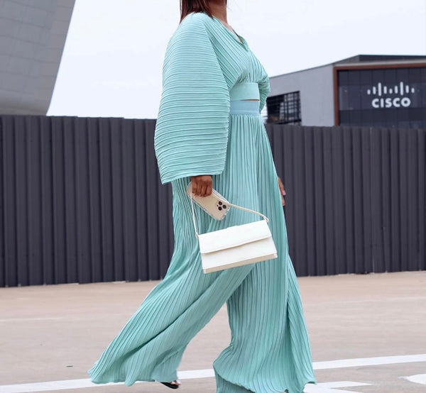Women Sexy Fashion Full Sleeve Pleated Two Piece Pant Set