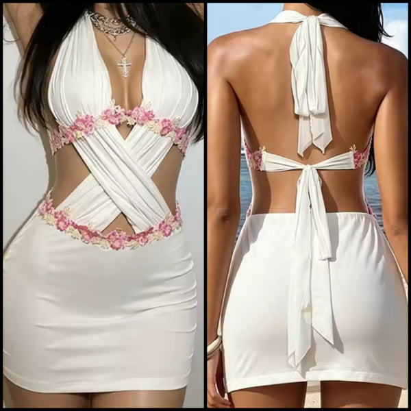 Women Sexy White Halter Open Back Sleeveless Floral Dress