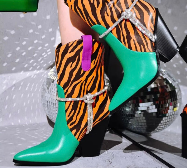 Women Color Bling Patchwork Fashion Ankle Western Boots
