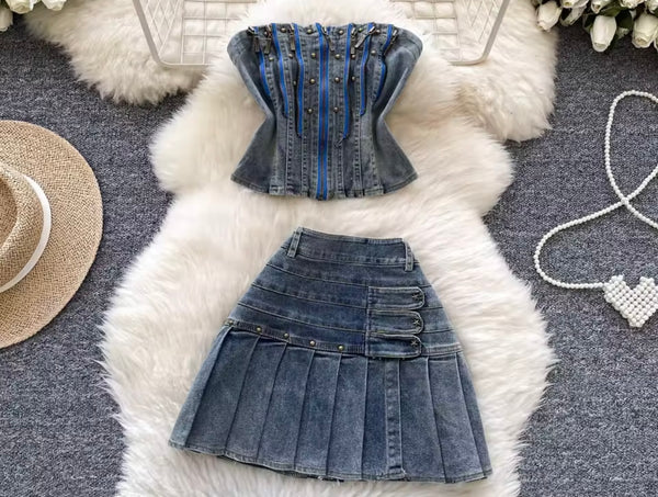 Women Zipper Strapless Denim Two Piece Pleated Skirt Set
