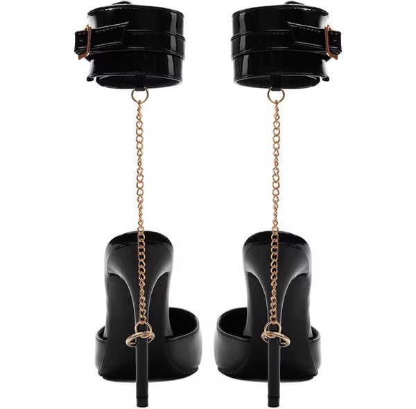 Women Fashion Pointed Toe Patent Leather Chain Buckle High Heels
