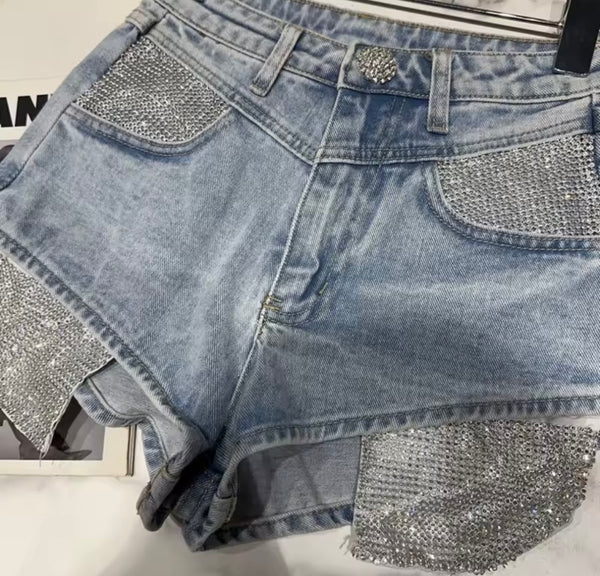 Women Fashion Blue Bling Pocket Denim Shorts