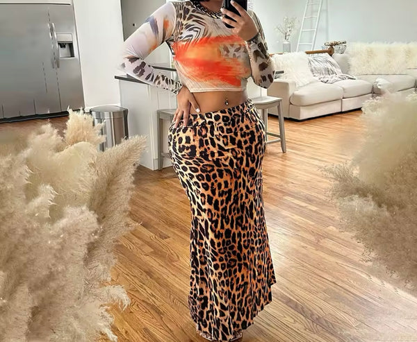 Women Printed Full Sleeve Leopard Two Piece Maxi Skirt Set