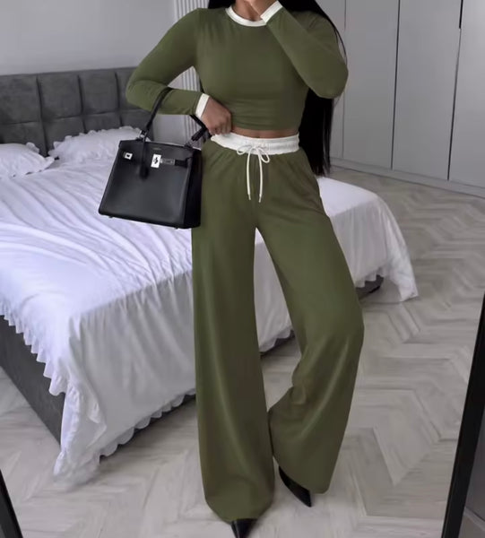 Women Fashion Color Patchwork Drawstring Two Piece Pant Set