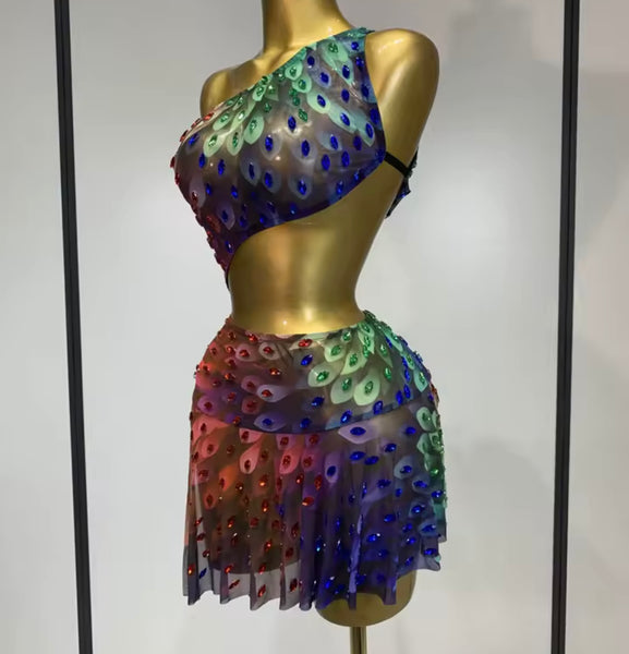 Women Colorful One Shoulder Sleeveless Rhinestone Dress