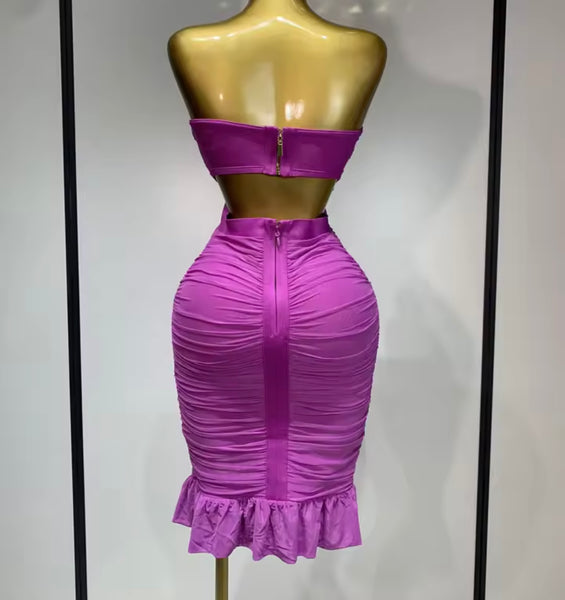 Women Sexy Strapless Open Back Ruched Ruffled Dress