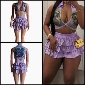 Women Printed Collar Sleeveless Two Piece Ruffled Short Set