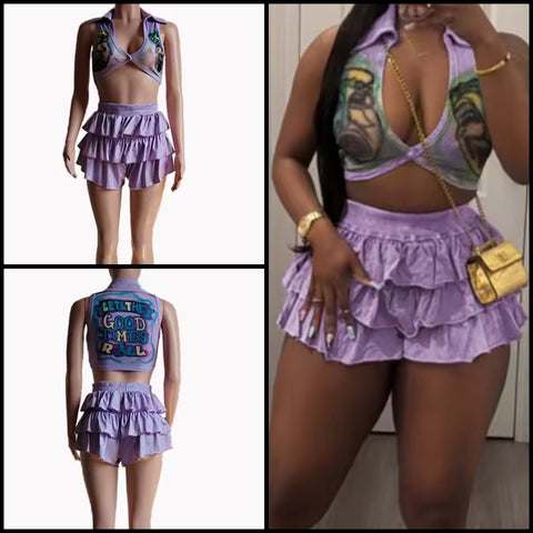 Women Printed Collar Sleeveless Two Piece Ruffled Short Set