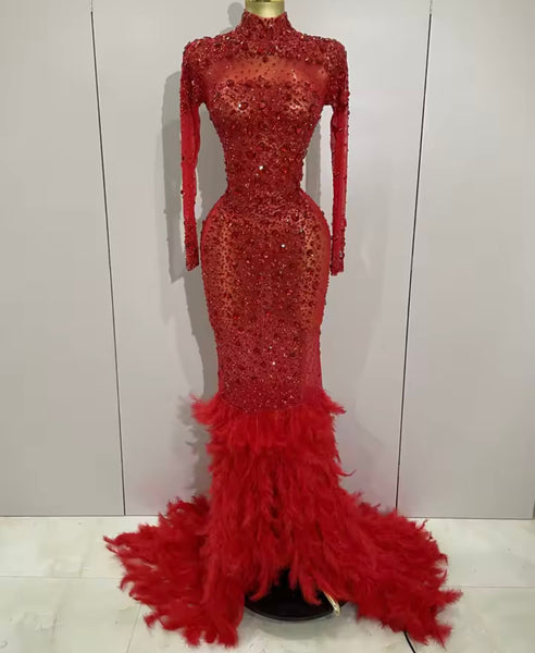 Women Sexy Color Crystal Feather Full Sleeve Mesh Maxi Dress