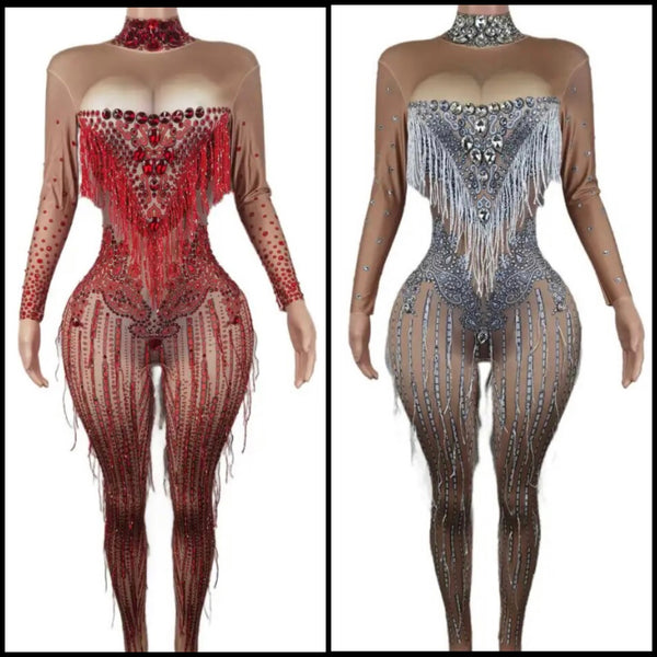 Women Sexy Bling Crystal Tassel Full Sleeve Jumpsuit