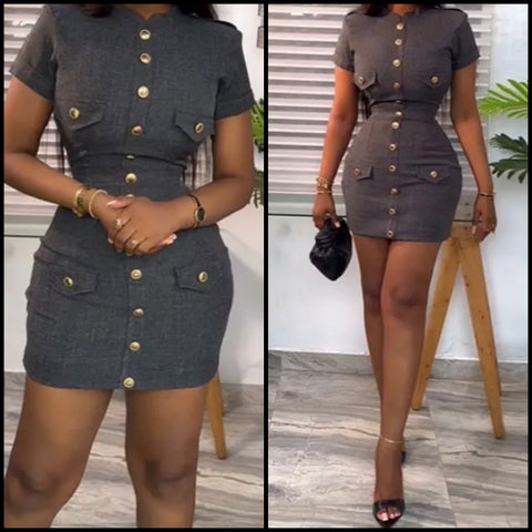 Women Sexy Fashion Short Sleeve Button Up Pocket Dress
