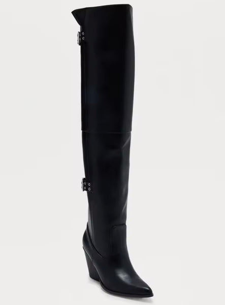 Women Black Buckled Fashion Over The Knee Western Boots