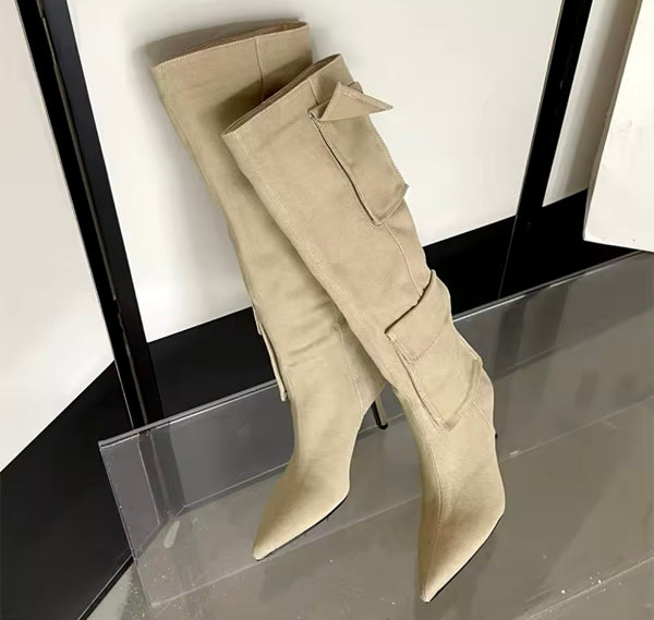 Women Pocket Fashion High Heel Knee High Boots