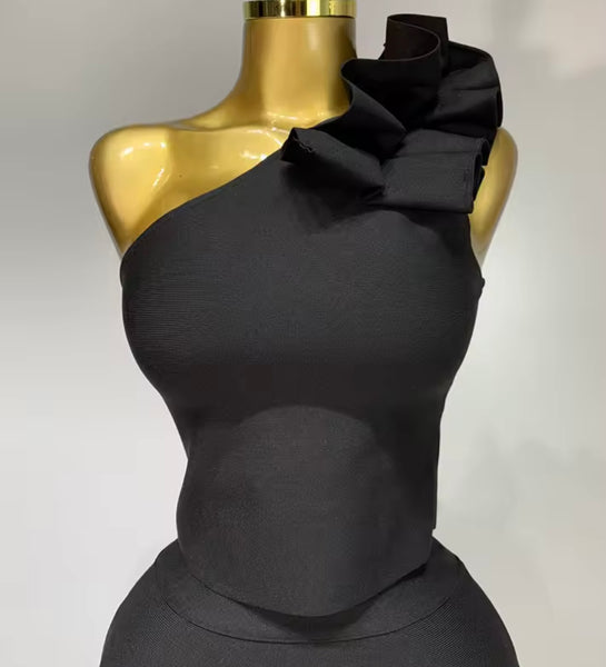 Women Sexy Ruffled One Shoulder Sleeveless Two Piece Skirt Set