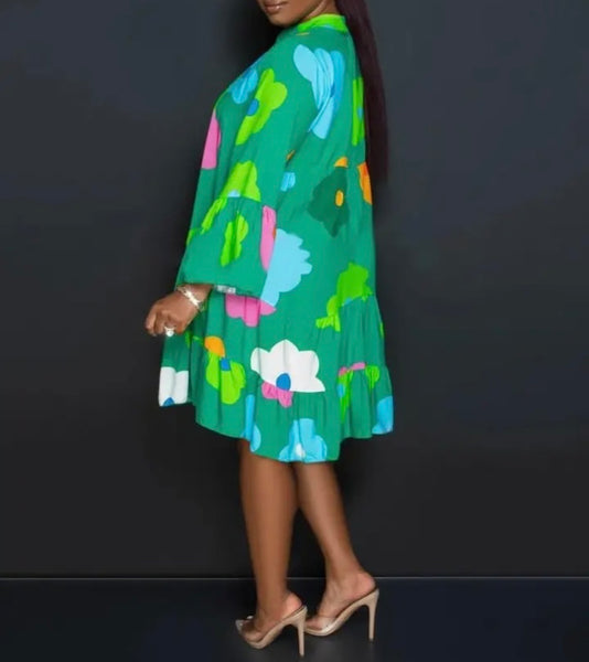 Women Button Up Floral Print Sexy Ruffled Dress