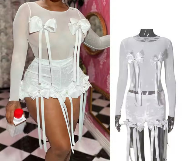 Women White Bow Tassel Full Sleeve Two Piece Short Set