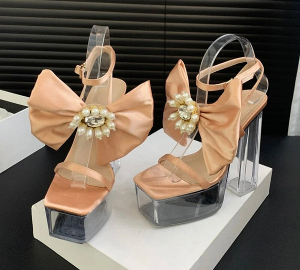 Women Color Bow Transparent Platform Ankle Strap Sandals