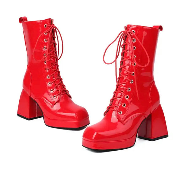 Women Fashion Lace Up Patent Leather Ankle Boots