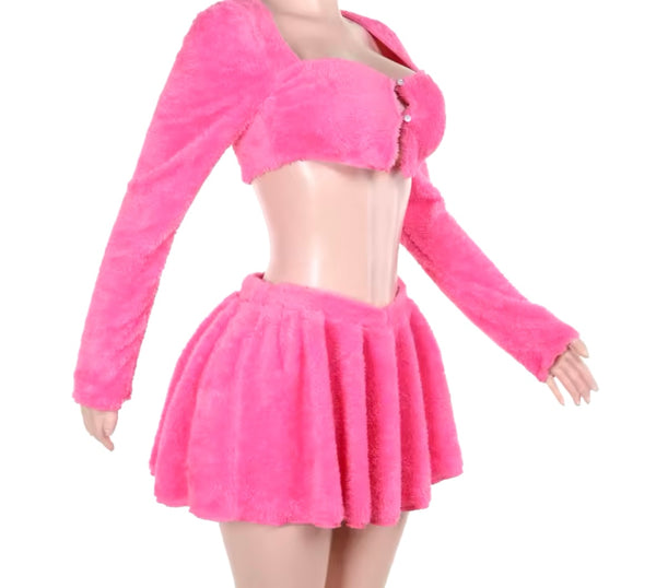 Women Sexy Color Fluffy Full Sleeve Two Piece Pleated Skirt Set