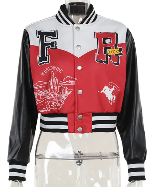 Women Fashion Color Patchwork Letter Print Varsity Jacket