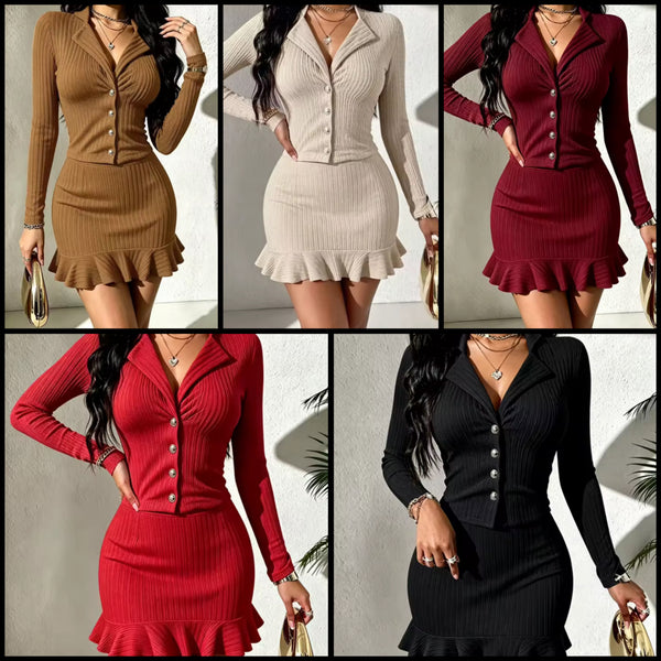 Women Ribbed Button Up Full Sleeve Two Piece Ruffle Skirt Set