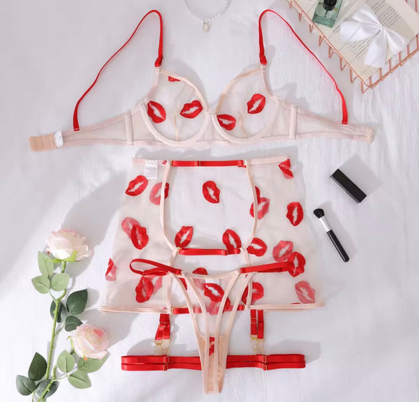Women Sexy Lip Print Mesh Lingerie Set