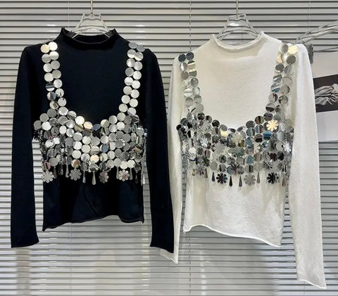 Women Fashion Full Sleeve Sequins Two Piece Top