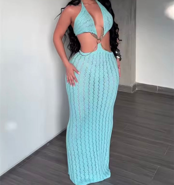 Women Sexy Chain Halter Sleeveless Knitted Maxi Dress